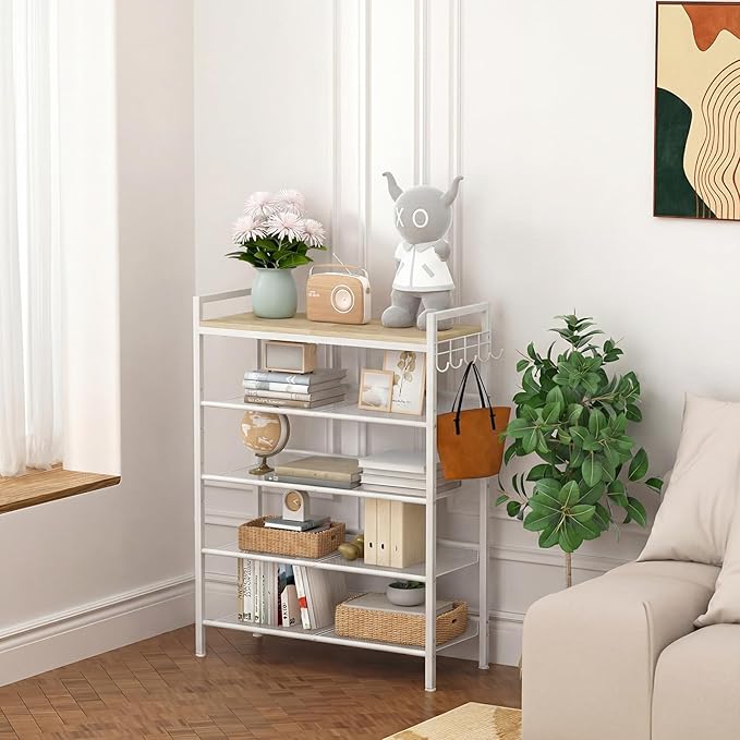 Refrze Shoe Rack for Front Door Entrance, 5 Tier Height-Adjustable Metal Shoe Rack, Sturdy Wooden Top and Tiltable Steel Frame Heavy Duty Shoe Organizer for Bathroom,Bedroom,Kitchen,Include Hook