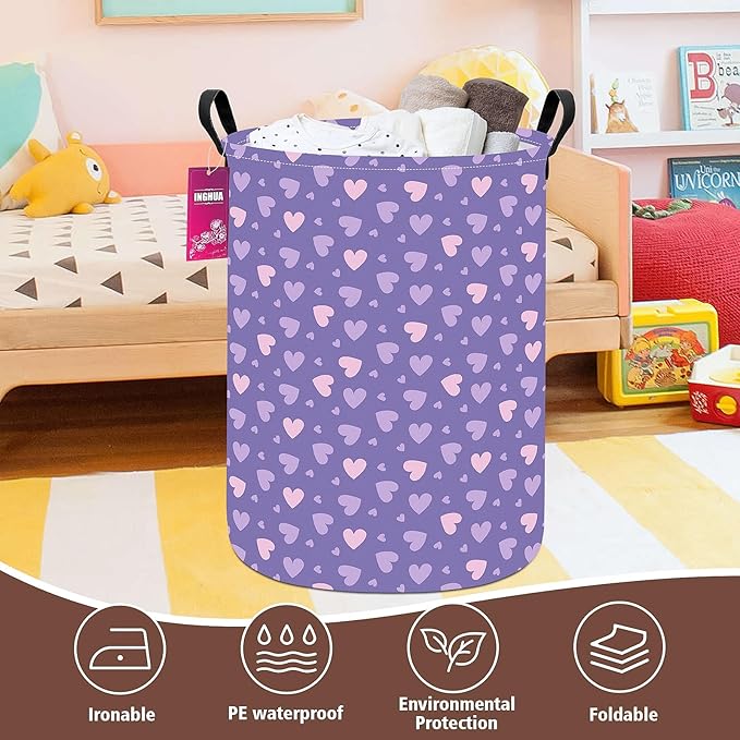Laundry Hamper Large Canvas Fabric Lightweight Storage Basket/Toy Organizer/Dirty Clothes Collapsible Waterproof for College Dorms, Boys and Girls Bedroom,Bathroom(Purple hearts)