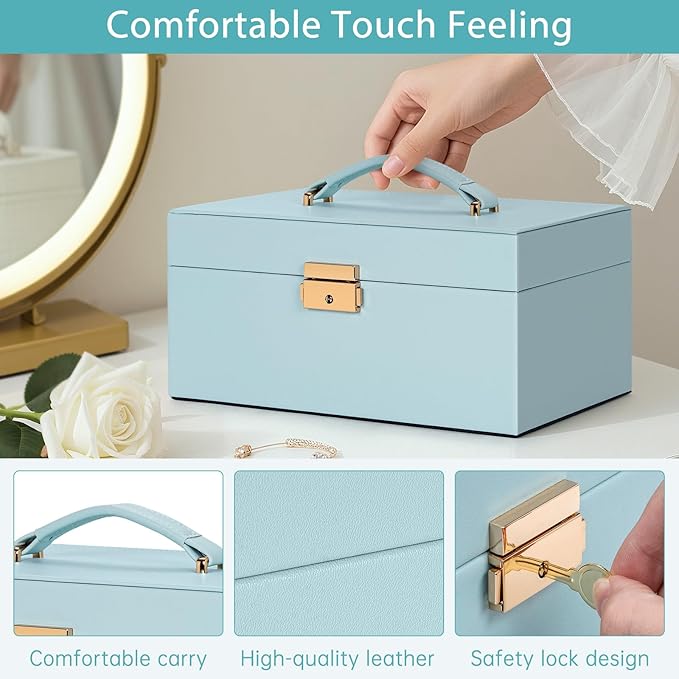 AKOZLIN Travel Jewelry Box Organizer Functional 2-trays Leather Jewelry Storage Case with Lockable Portable for Women Girls Ring Necklace Earring Bracelet