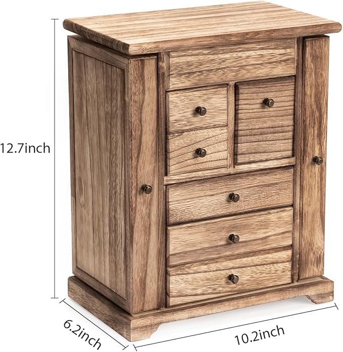 Jewelry Box for Women, Rustic Wooden Jewelry Boxes & Organizers with Mirror & Drawers,6 Layer Jewelry Organizer Box for Rings Earrings Necklaces Bracelets (Carbonized Black)