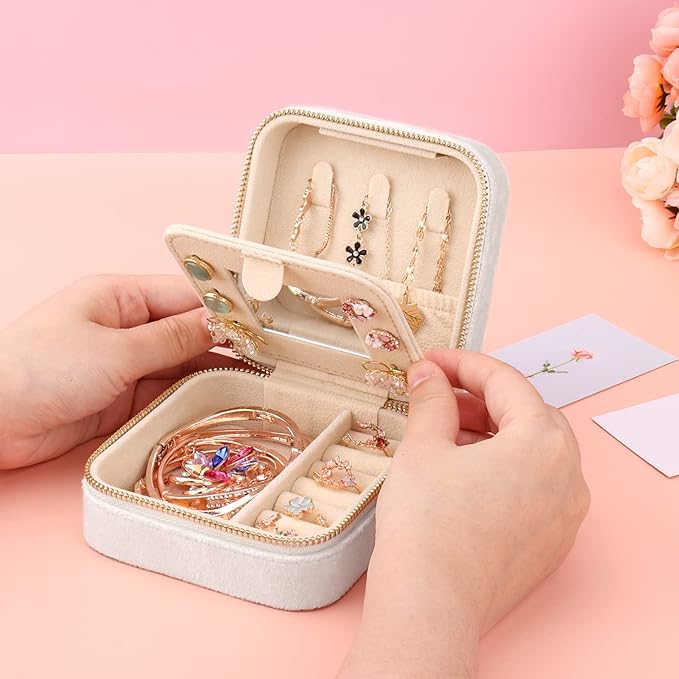 DesignSter Travel Jewelry Box - Velvet Mini Jewelry Organizer, Small Jewelry Case for Girls Women, Jewelry Storage Box for Rings Earrings Necklace (Square, Cream Beige)