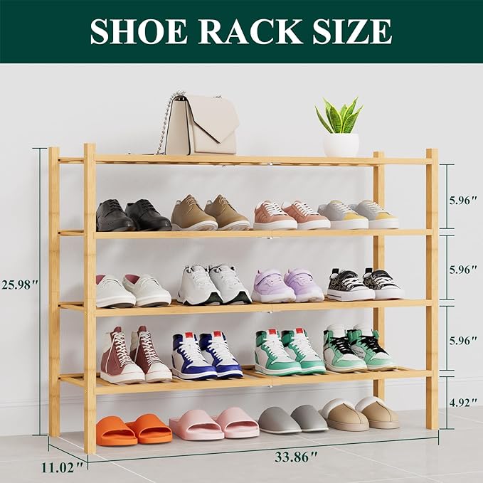 Smiry Shoe Rack, 4 Tier Thick Long Bamboo Shoe Organizer, Stackable Free Standing Wooden Shoe Storage Shelf for Closet, Entryway, Front Door Entrance, Natural