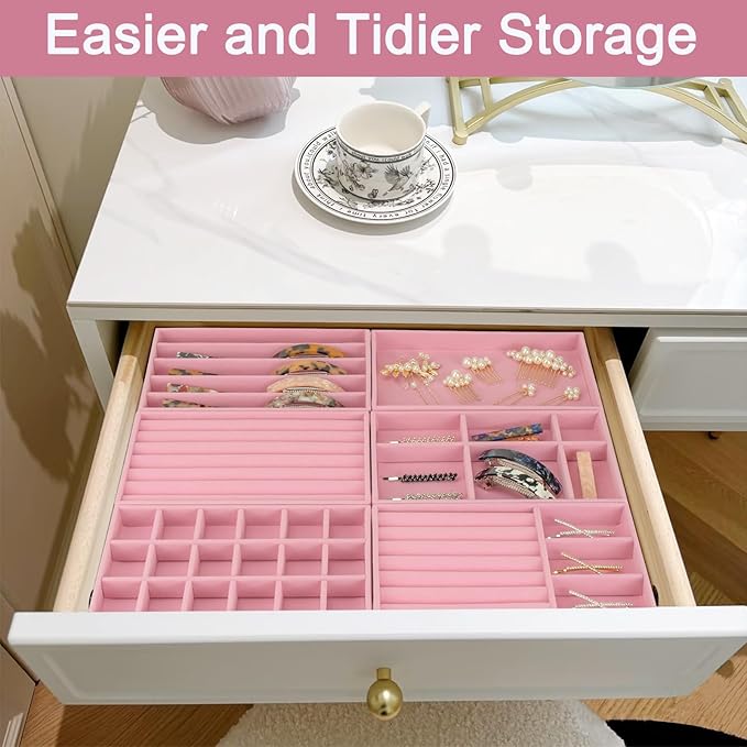 12Pcs Velvet Stackable Jewelry Trays, Jewelry Drawer Organizer, Large Removable Display Jewelry Tray, Necklace Bracelet Storage Box for Earring, Ring, Brooch, Watch (Pink)