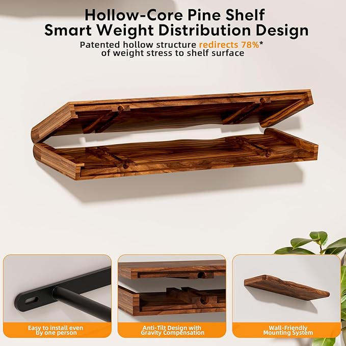 Floating Shelves for Wall Rustic Farmhouse 24 Inch Floating Shelf Wooden Shelves for Wall Pine Wood Shelf with Unique Natural Grain for Living Room Bedroom Kitchen (Espresso)