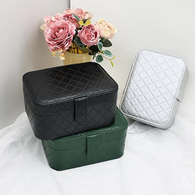 Jewelry Travel Case, 2-Layer Jewelry Box Organizer Medium Jewelry Travel Box, Portable Faux Leather Jewellery Storage Boxes with Argyle for Women, Daily Jewellery Case Home Use (Silver gray)