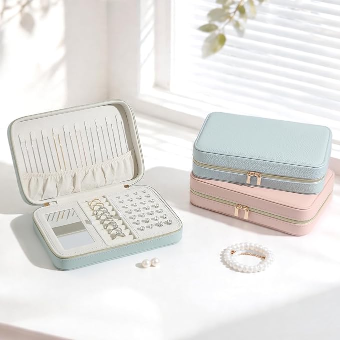 Genuine Leather Travel Jewelry Organizer Case Box with Mirror for Women, Small Mini Portable Jewelry Box for Ring Earrings Necklace Bracelet Luxury Gift for Women(Brown)