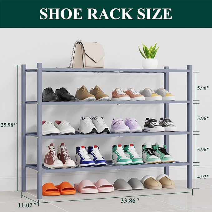 Smiry Shoe Rack, 4 Tier Thick Long Bamboo Shoe Organizer, Stackable Free Standing Wooden Shoe Storage Shelf for Closet, Entryway, Front Door Entrance, Grey