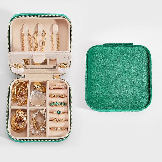 Travel Velvet Jewelry Box with Mirror, Mini Gifts Case for Women Girls, Small Portable Organizer Boxes for Rings Earrings Necklaces Bracelets