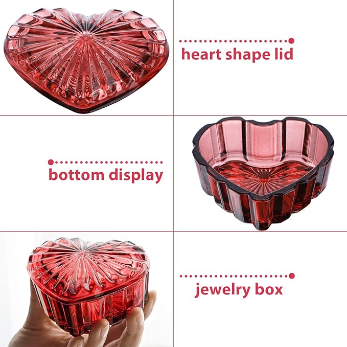 kanpura Crystal Glass Heart-Shaped Jewelry Box,Candy Box with Lid,Women's Covered Earrings Necklace Chest Trinket Storage Box, Glass Jar Christmas Gifts for Women and Girls(Burgundy)