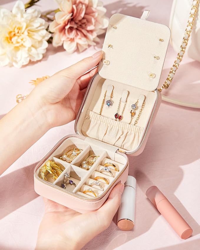 Enthralite Travel Jewelry Box for Girls: Traveling Jewelry Case Gift for Women - Mini Organizer for Necklaces Earrings Pink K