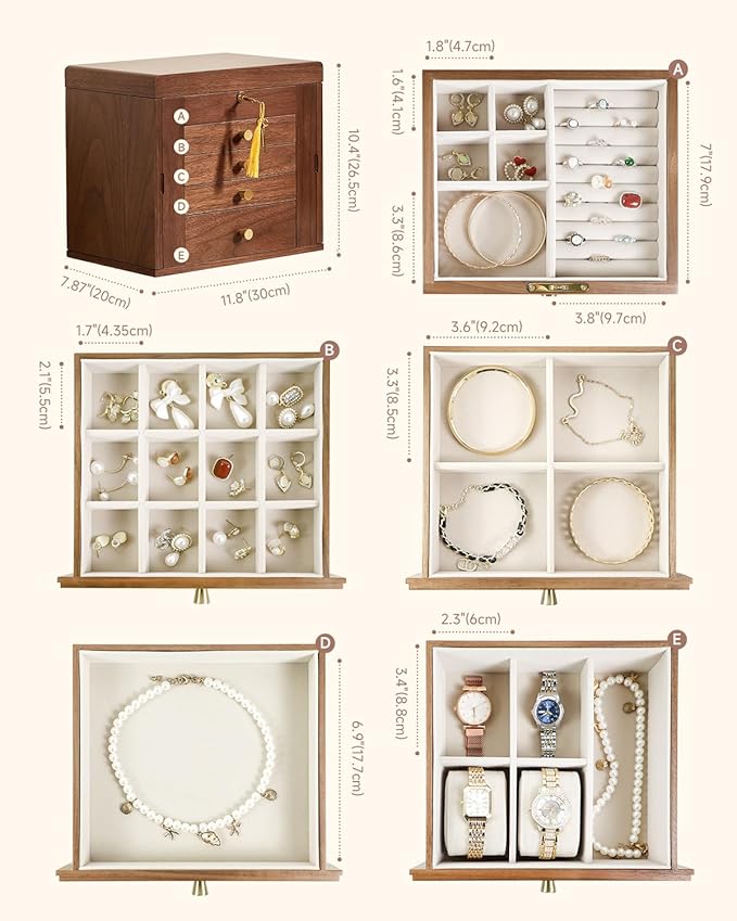 Black Walnut Wooden Jewelry Box, Wood Jewelry Organizer with 2 Side Doors Mirror Lockable Classical Style for Watch Necklace Ring Earring Storage Mothers Day Gifts for Mom-5 Layer