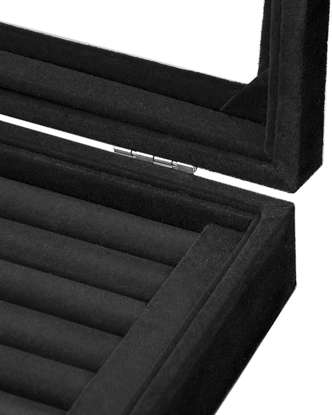 Jewelry Box Rings Organizer Tray 7 Slots Velvet Jewelry Earring Storage Box With Transparent Lid Jewelry Display Case for Girls Women (Black)