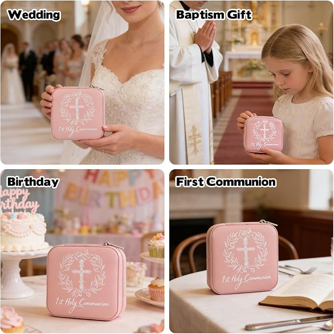 First Communion Travel Jewelry Box, Small Pink Case with Zipper & Soft Lining, Christian Keepsake Organizer for Rings Earrings Necklaces, Religious Keepsake Gift for Girls (1, Pink)