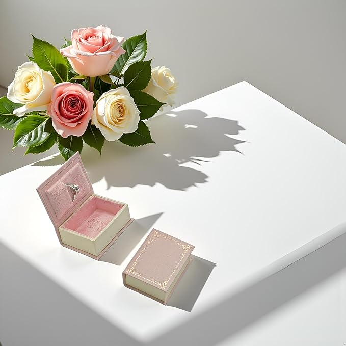 Book Shaped Ring Box - Vintage Engagement Ring Box with Hinged Lid for Proposal Engagement Wedding, Proposal Ring Case -PRB012-Pink