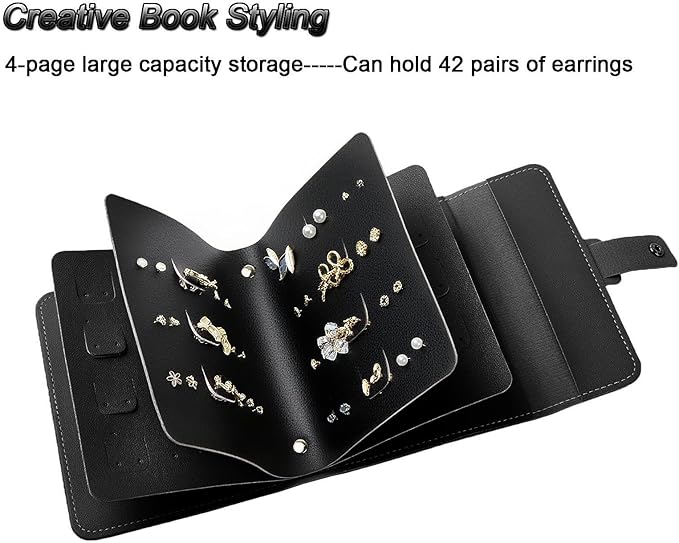 LAKE OF FIRE Earring Holder Organizer with Foldable Book Design Book Organizer, Portable Pu Leather Travel Earring Case (Black)