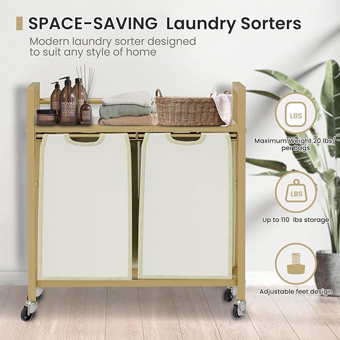 SwaaVee Laundry Hamper, Laundry Basket, Laundry Sorter with 3 Removable Bags, Clothes Basket with 3 Compartments, Wheels, Shelf for Laundry Room Bathroom Bedroom (2 Bags-Golden)
