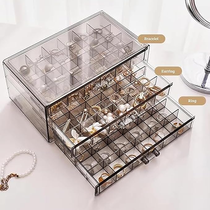 Earring Storage Box Organizer 3 Drawers Acrylic Jewelry Storage Box Holder Transparent Jewelry Display Stand with 72 Cells Gift for Women Girls