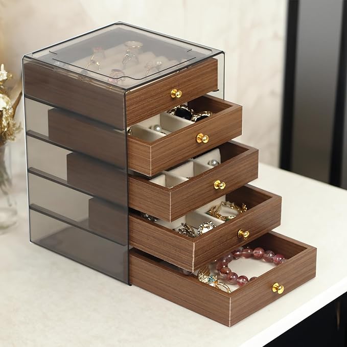 Fordonral Earring Jewelry Organizer Box with 5 Drawers, Plastic Jewelry Storage with Asjustable Velvet Trays, Multiple Display Holder for Earrings Ring Bracelet Necklace (Small-5-Drawer)
