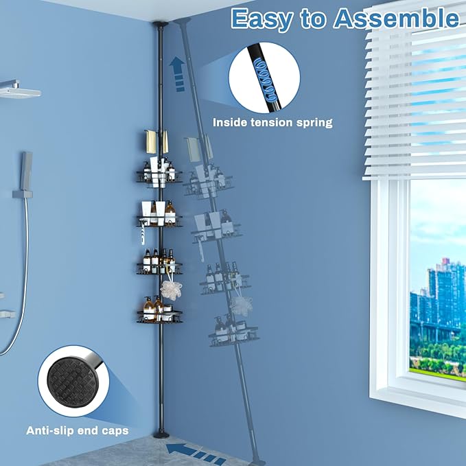 cutefafa Rustproof Corner Shower Caddy Tension Pole, 4 Large Baskets for Bathtub Shampoo Storage Organizer Bathroom Height Adjustable Shelves from 23.6 to 114.5 Inch with Towel Bar