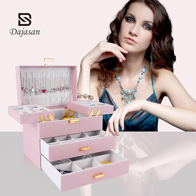 Dajasan Jewelry Organizer Box, Large Jewelry Boxes for Girls, Space-Saving 4 Layers Jewelry Storage Case with Drawer, Gift for Women, Movable Metal Stand, Modern (Pink+ Gold)