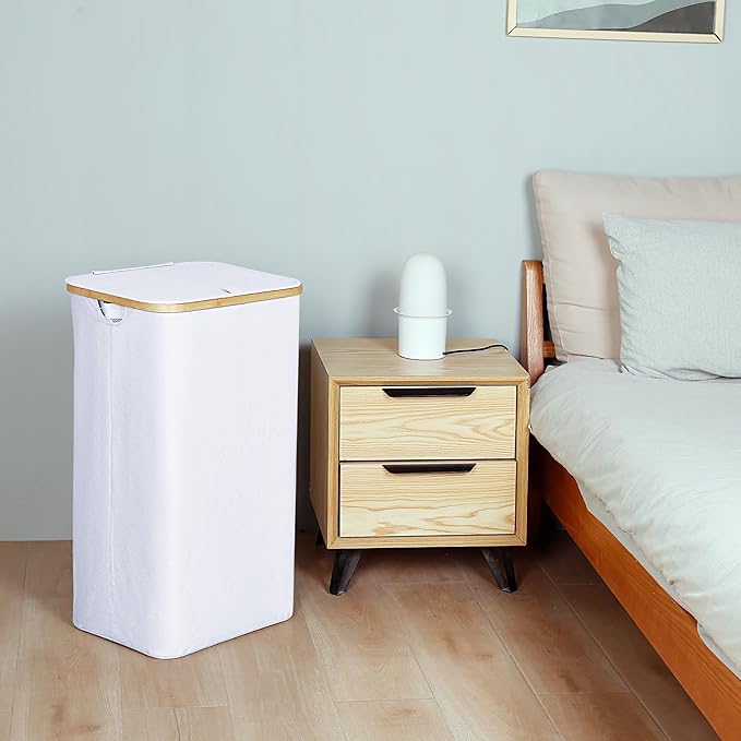 iEGrow 110L Laundry Hamper with Lid,Dirty Clothes Hampers for Laundry,Laundry Basket with Bamboo Handles and Removable Bag,Hamper for Bedroom, Bathroom, Dorm, Laundry Room, White