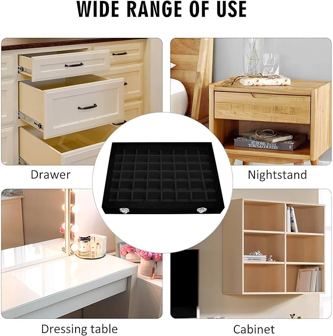 Siveit Velvet Jewelry Tray 48 Grid Jewelry Display Tray Organizer Box with Transparent Lid Rings Earrings Necklaces Pendants Display Box Suitable for Women and Girls (Black)