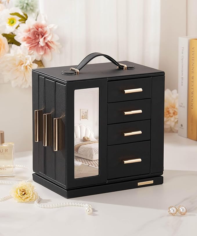 Homde Jewelry Box for Women Large: Rotating Organizer for Ring Earring Necklace Bracelet - 7 Drawers Storage for Dresser (Black)