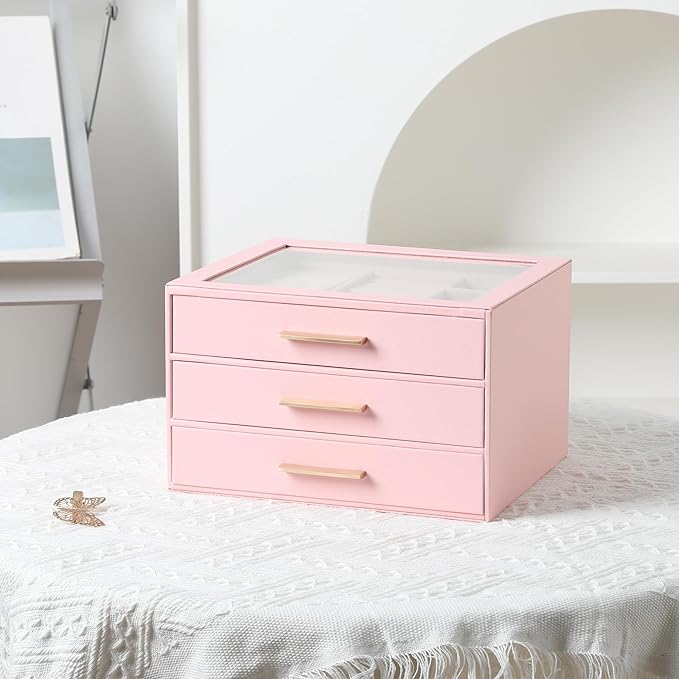 Frebeauty Clear Lid Jewelry Box,3-Layer Jewelry Organizer with Drawer,PU Leather Jewelry Organizers and Storage,Jewelry Boxes for Women,Jewelry Storage for Rings Earring Stud,Gift for Women(Pink)