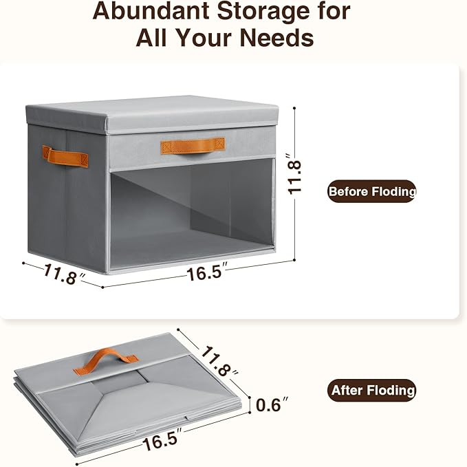 Homsorout Large Storage Bins with Lids - 4 Pack Foldable Decorative Organizers with Clear Windows & Handles, Cube Storage Organizers for Clothes, Blankets, Sweaters, Sheets, Grey