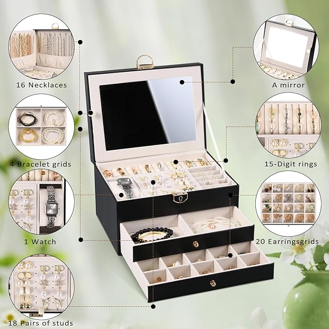 3 Layer Jewelry Boxes for Women with Mirror Large Jewelry Holder Organizer with 2 Jewelry Organizer Drawer PU Lockable Elegant Unique Gifts for Women, Black