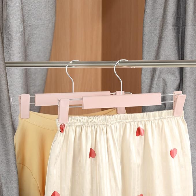 GUANJUNE Clothes Pants Hangers, Space-Saving Skirt Holders with 360 ° Swivel Hooks, Adjustable Clips, Trouser Hangers, Clothes Coat Garment Jeans Hangers (10 Pack, Pink)