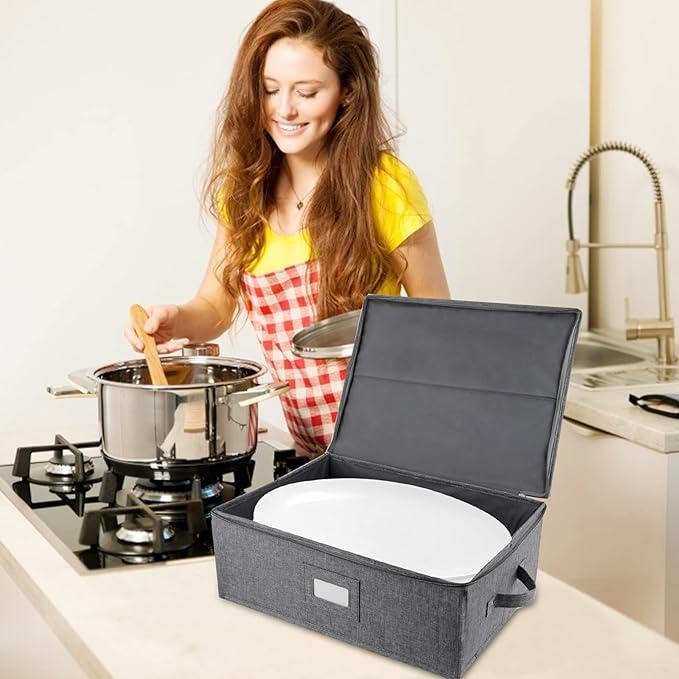 popoly Platter Storage Case, China Storage Containers Hard Shell 17" x 13" x 6", 5 Felt Dividers Included, Structured Top and Stackable (Linen Grey)