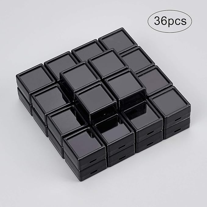 BENECREAT 36PCS Black Gemstone Display Box Mini Square Acrylic Jewelry Box Container(1.2x1.2x0.6) with Clear Top Lids and Sponge for Gems,Jewelry Packing