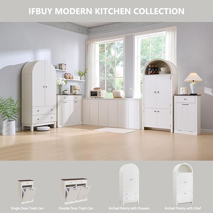 IFBUY Modern Tilt-Out Laundry Hamper Cabinet, 10 Gallon Fluted Trash Can Cabinet with Drawer, Wooden Hidden Garbage Can Cabinets with Laundry Basket, Free Standing for Bathroom and Kitchen, White