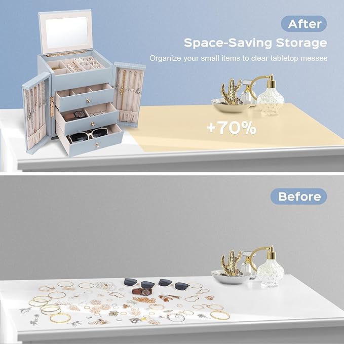 Dajasan Large Jewelry Box Organizer, Jewelry Storage Organizer with 3 Drawers, Huge Jewelry Box with Mirror for Women Girls, Double Door, Textured PU Leather, Gift Idea, Stylish (Blue + Gold)
