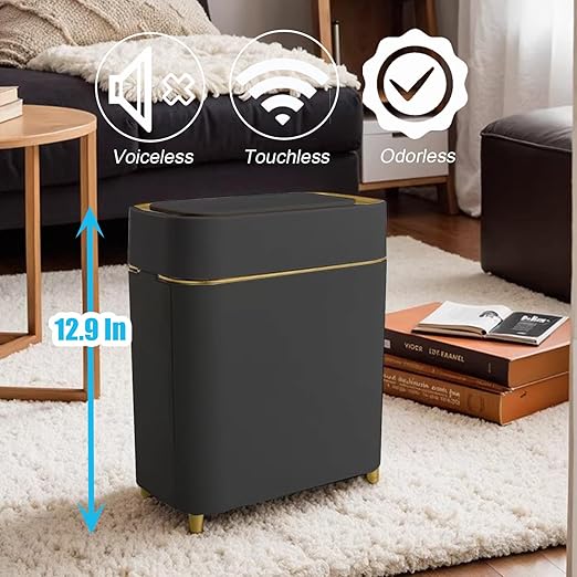 Yatmung Automatic Bathroom Trash Can with Touchless Lid - Slim Motion Sensor Trash Can - Bathroom, Bedroom, Kitchen, Laundry Room, Small Spaces - Compact Smart Trash Bin - Black with Gold Edge, 1Pack