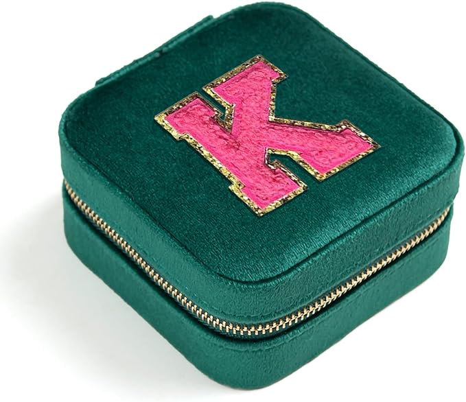 Personalized Velvet Travel Jewelry Case Box For Women Ring Necklace Earring Holder Organizer with Mirror Green Girls Box Birthday Gifts Mom Initial K