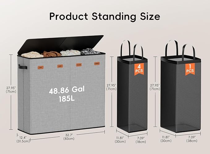 Laundry Hamper 4-Section with Lid, 185L Laundry Sorter with 4 Removable Bags + 1 Extra Large Bag, Switchable 3/4 Compartment, Laundry Basket Organizer for Bedroom, Laundry Room,Grey