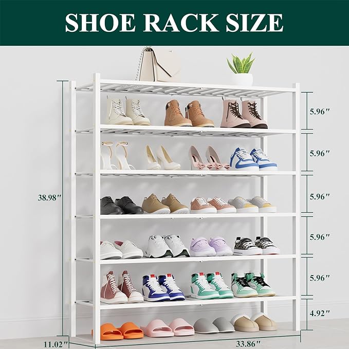 Smiry Shoe Rack, 6 Tier Thick Long Bamboo Shoe Organizer, Stackable Free Standing Wooden Shoe Storage Shelf for Closet, Entryway, Front Door Entrance, White