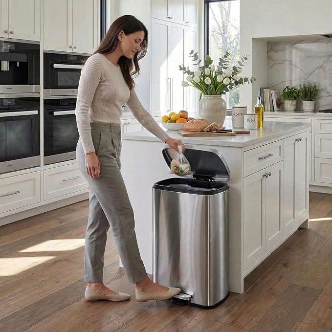 13.2 Gal Kitchen Trash Can, 50L Recycling or Garbage Bin, Brushed Stainless Steel Waste Basket, Soft&Quiet Close Dustbin, with Step-On Pedal, Removable Inner Bucket, for Home, Office, Living Room