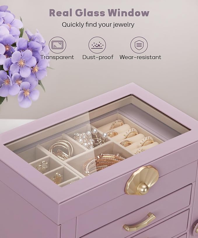 Enthralite Jewelry Box with 4 Drawers : Jewelry Display Organizer for Earrings Necklaces - Gift for Girls Women | Grey Purple