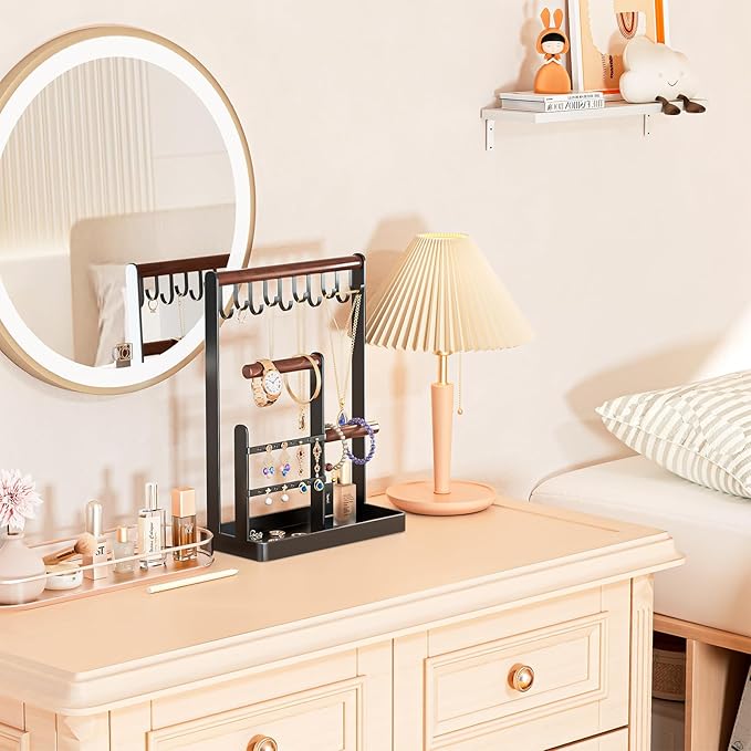 ProCase Cute Jewelry Stand, Aesthetic Jewelry Organizer for Dresser Vanity, Jewelry Holder Display for Necklaces Earrings, Gifts for Teen Girls Women, Bedroom Dorm Decor -Medium, Black