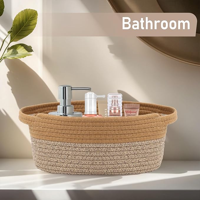 JMvicyroam Woven Basket,Small Rope Storage Bin with Handles & Ribbon Bag, Organizer for Shelves Closets,Gift Basket Empty for Birthday,Books,Dog Toys, Jute&Brown