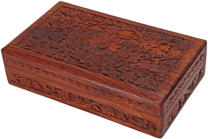 Ajuny Wooden Handcarved Decorative Jewelry Storage Box Flower Design Multipurpose Treasure Chest Keepsake Organizer Necklaces Watch Boxes Great for Gifts 10x6 Inch