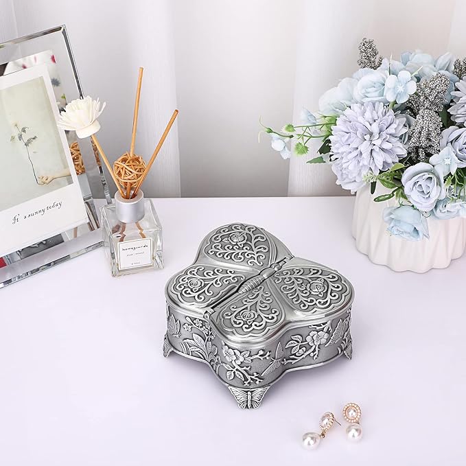 Hipiwe Antique Metal Jewelry Box Butterfly Shape Jewelry Organizer Vintage Trinket Storage Box Treasure Chest Ring Holder Earrings Necklace Storage Box Decorative Metal Box for Women, Large