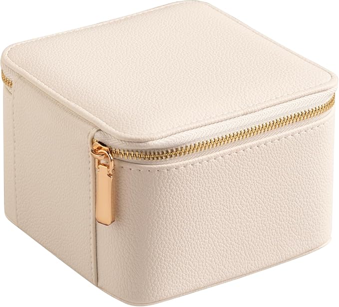 Frebeauty Small Travel Jewelry Box with 6 Pouch Bags, Portable Mini Jewelry Storage, 3.35 x 4.9 x 4.8 Inches, Gift Idea for Women Girls (Beige)