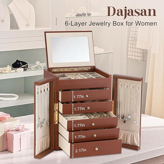 Dajasan Large Jewelry Organizer Box, Jewelry Boxes for Women Girls, 6-Tier Jewelry Storage Organizer with Mirror for Necklace Ring Bracelet Watch, Gift Idea (Brown)