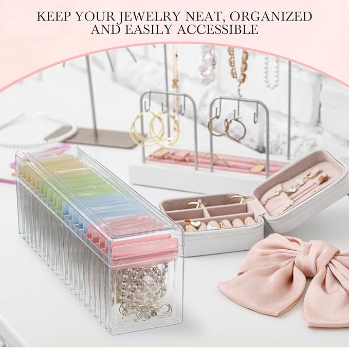 Kenning 42 Pcs Acrylic Jewelry Case Organizer, Clear Jewelry Organizers Holder with Portable Anti Tarnish Storage Bags for Rings, Earrings, Necklaces, Ideal Gifts for Women (Four Color Mixture)