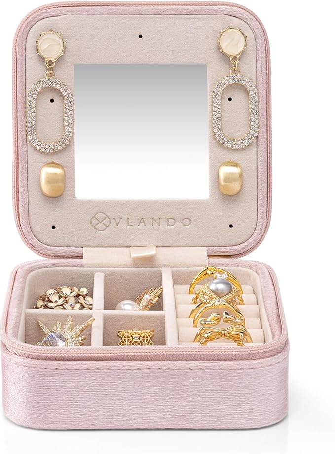 Vlando Small Travel Jewelry Box Organizer Display Case for Rings Earrings Necklaces Storage, Selected Soft Velvet, Letter E Engraved, Pink