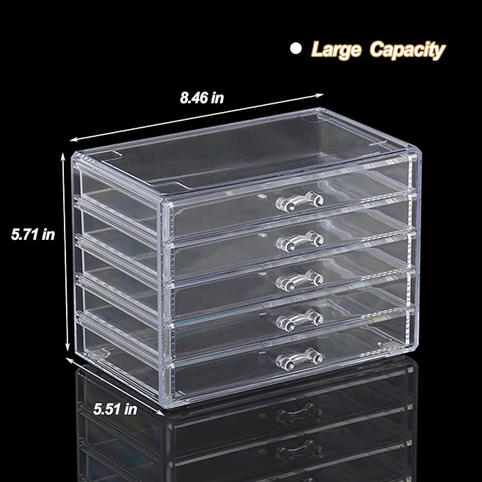 YUFONG Earring Storage Box Organizer 5 Drawers Jewelry Organizer Acrylic Jewelry Storage Box Holder Compartment Transparent Display Storage Case Gift for Women Girls (5 Grids)